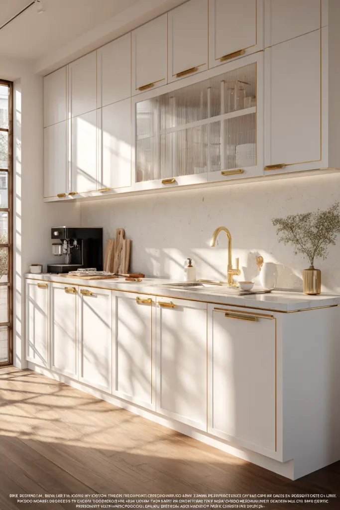 1. White Cabinets with Brushed Gold Bar Pulls