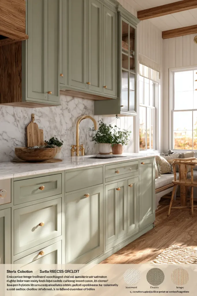 10. Sage Green Cabinets with Champagne Gold Knobs