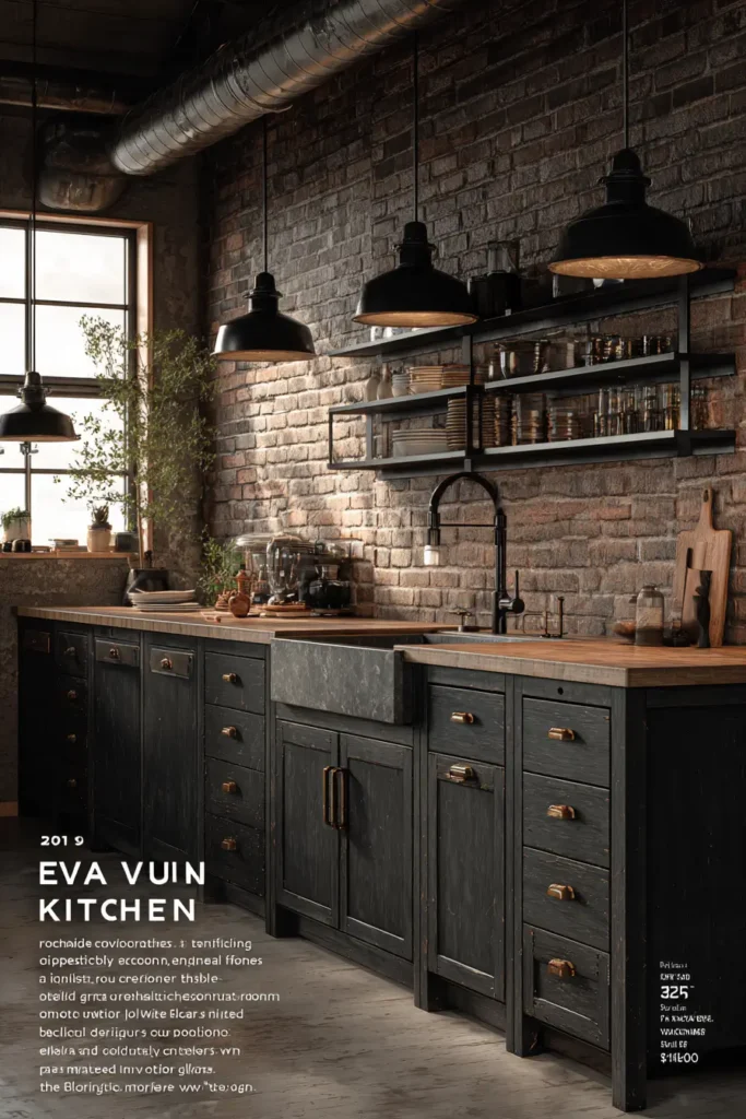 11. Industrial Kitchen with Aged Brass Hardware