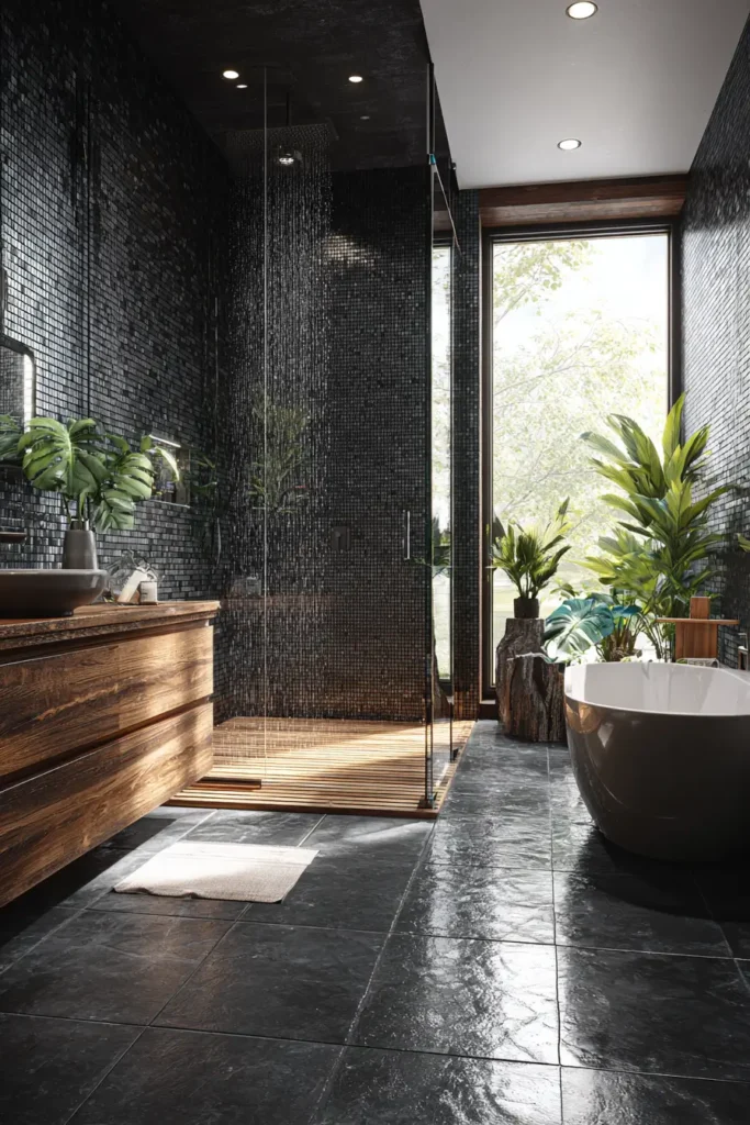 13. Black Tile Walk In Shower