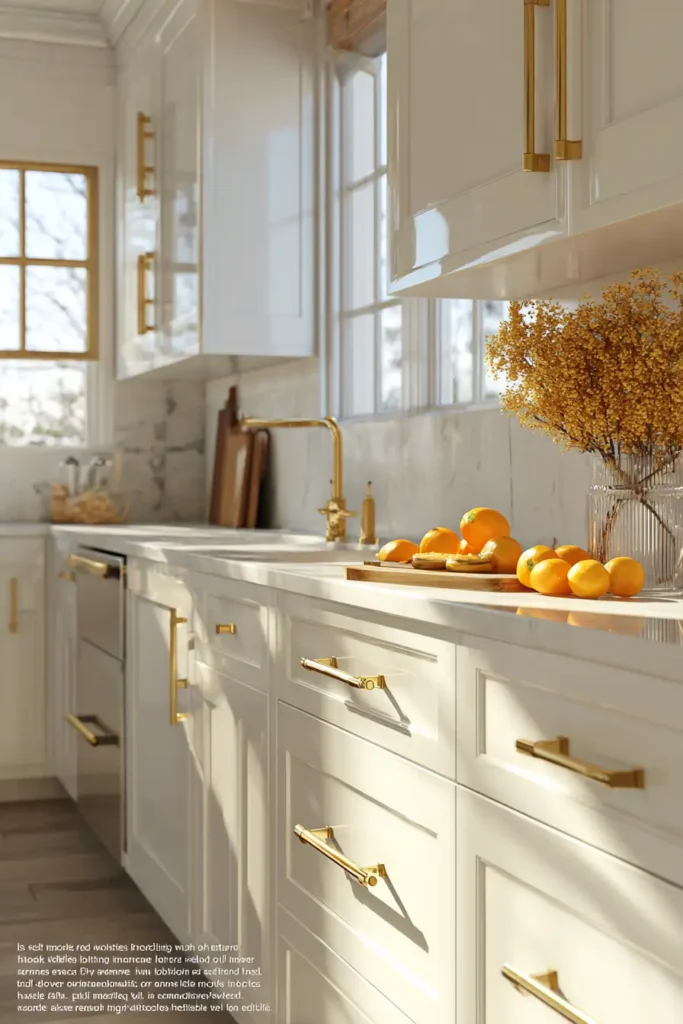 14. Small Kitchen with Gold Hardware to Make It Feel Bigger