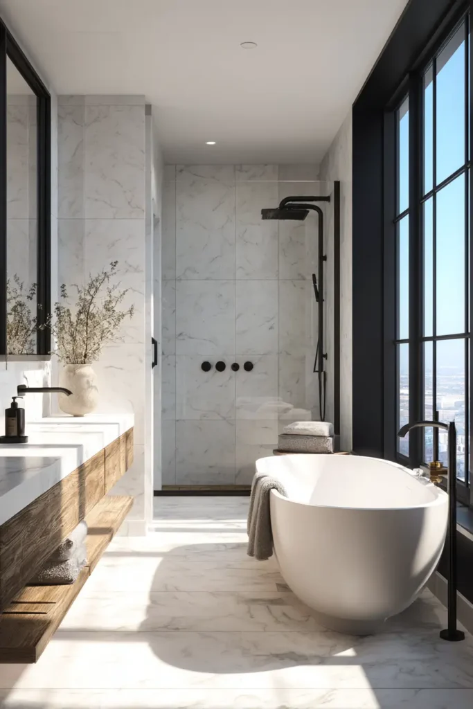 2. Matte Black Fixtures With White Marble