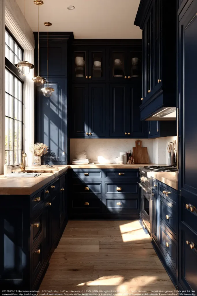 2. Navy Blue Cabinets with Antique Brass Knobs