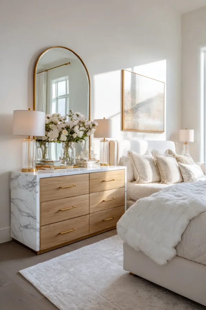 Coastal Glam: Brass, Marble, and Soft White