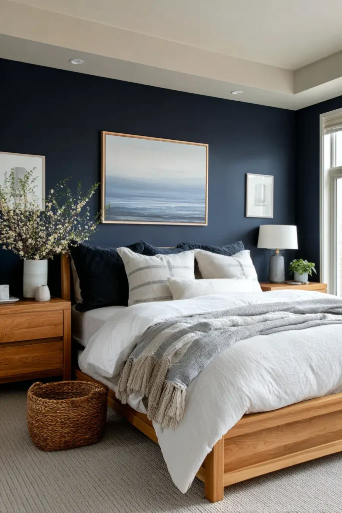 Moody Navy Coastal Bedroom with Crisp Trim