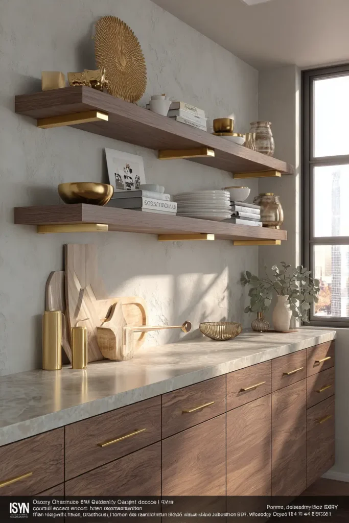 5. Open Shelving with Gold Shelf Brackets and Matching Cabinet Hardware