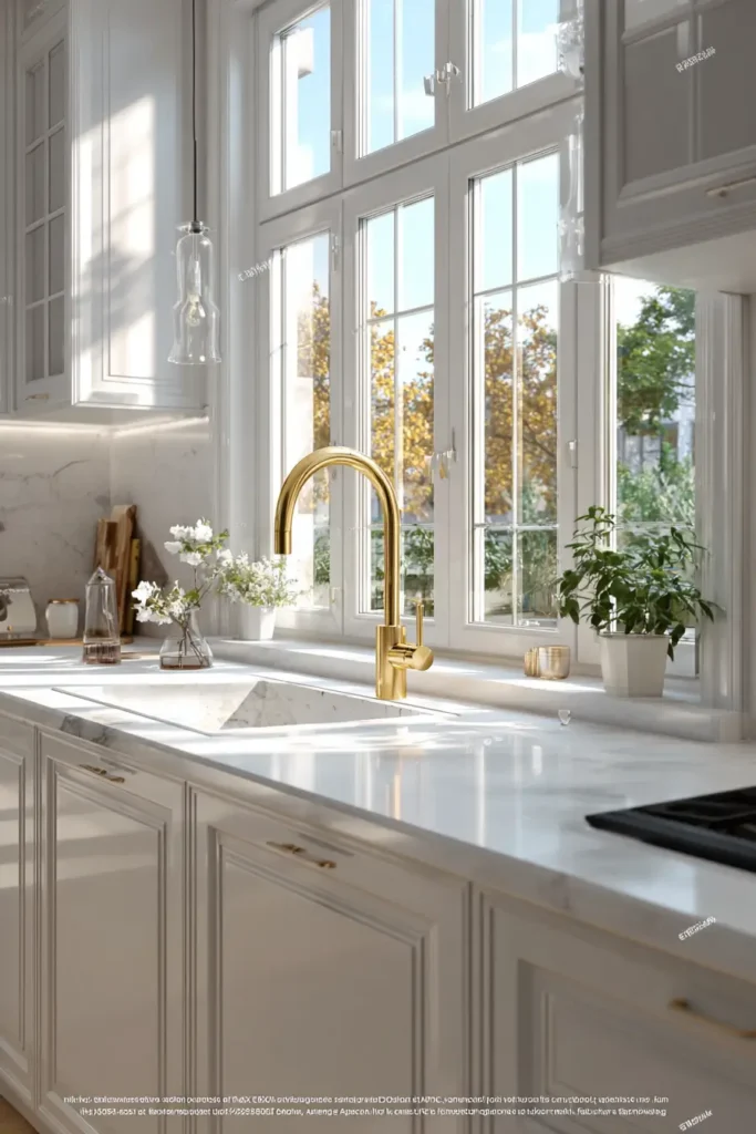 8. All White Kitchen with a Gold Faucet as the Focal Point