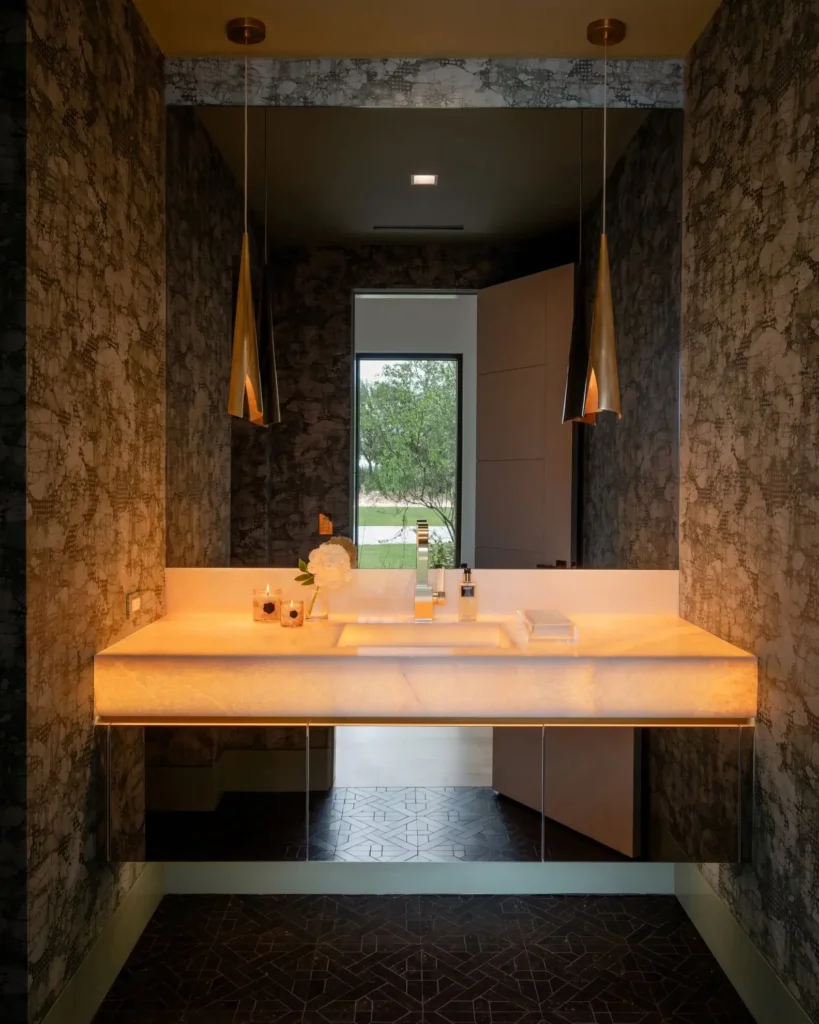 Idea 18: Create a Depth Effect With a Large Tile Slab Behind the Vanity