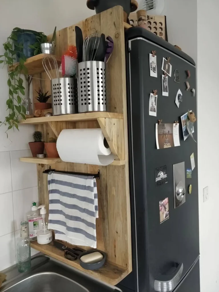  Put a Narrow Shelf Unit Next to the Fridge or Outside the Kitchen