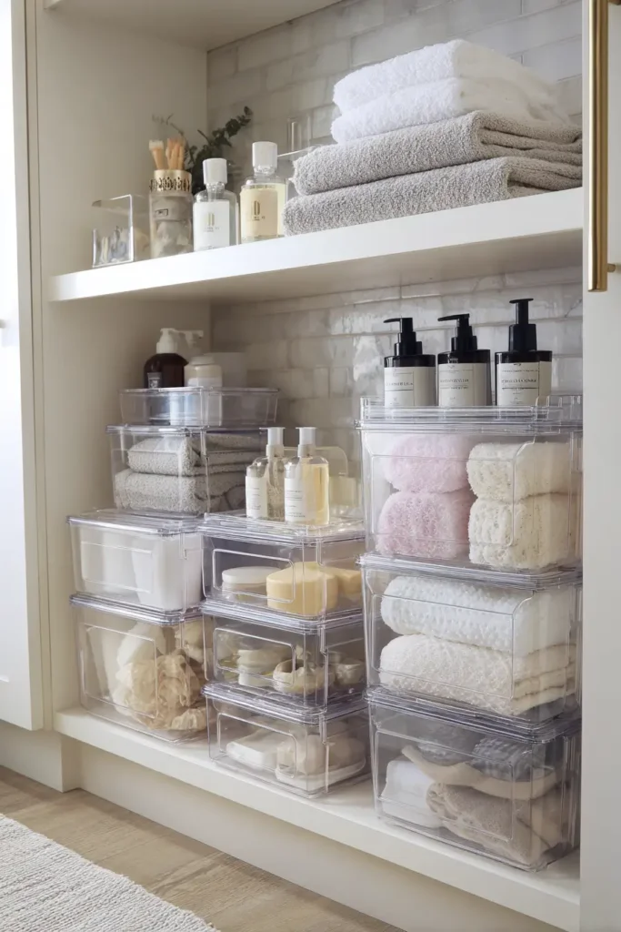 10. Stackable storage bins that separate bathroom categories