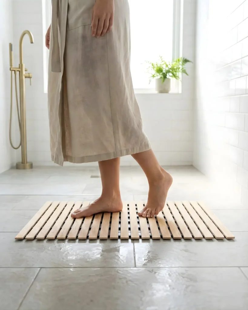 11. Use a Teak Shower Mat Instead of Plastic or Fabric