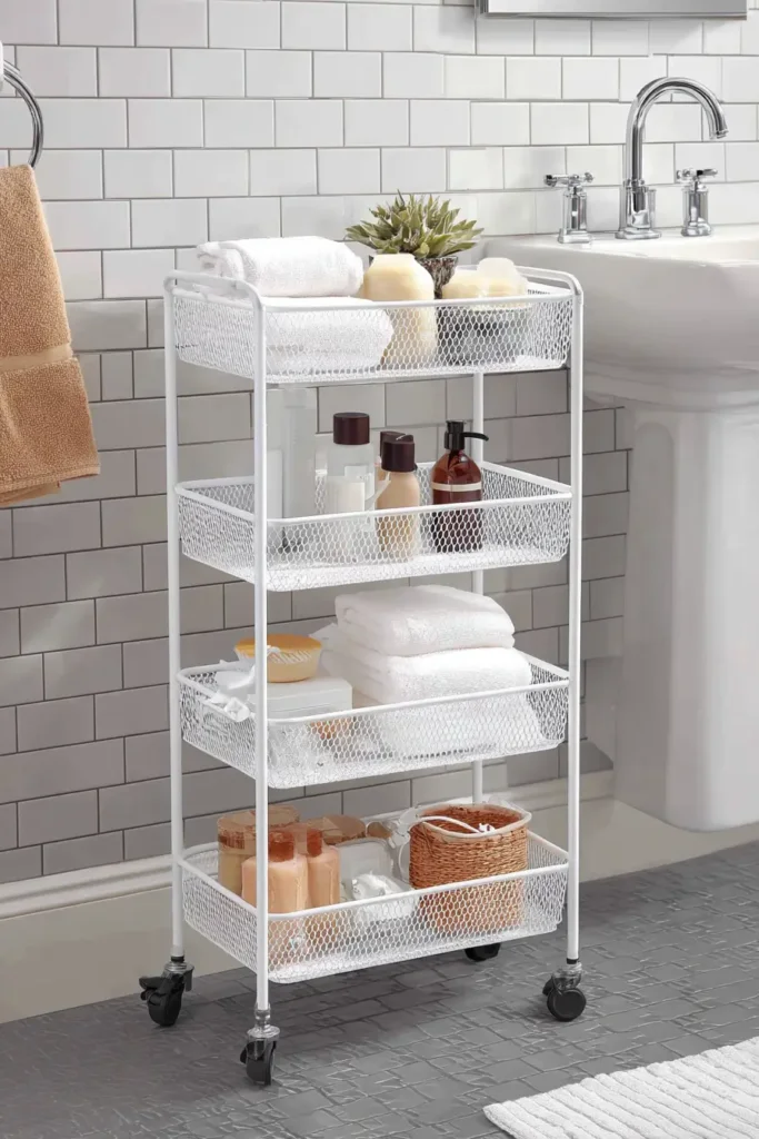 16. Rolling storage carts for flexible bathroom organization