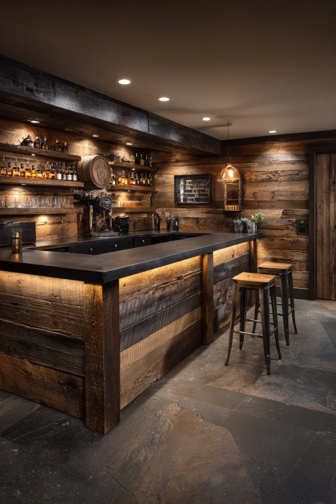 Rustic Basement Bar with Wood Finishes