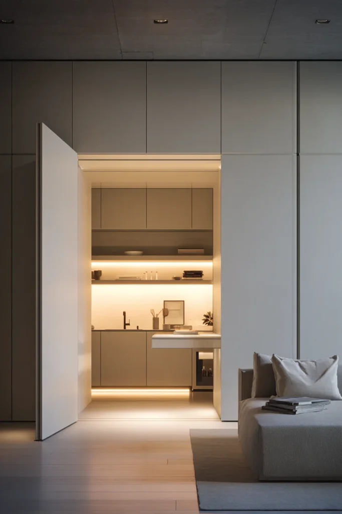 Hidden Kitchenette Behind Cabinets