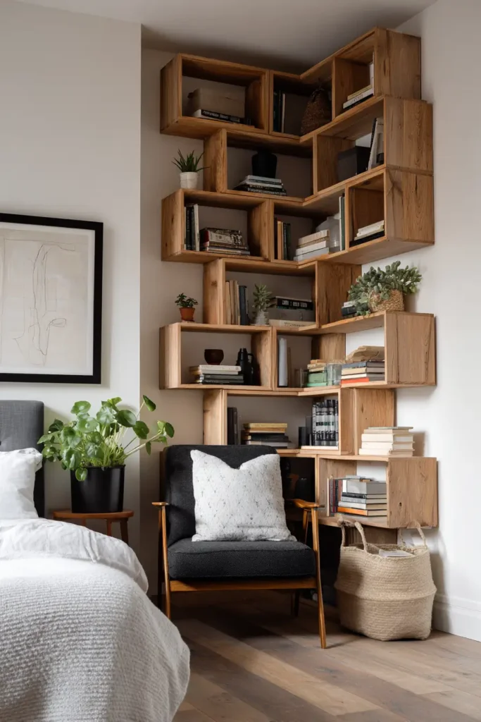 6. Fill Empty Corners with Floor to Ceiling Shelves