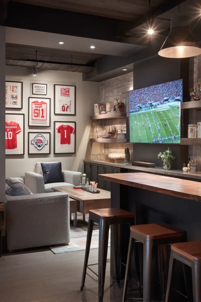 Sports Themed Basement Bar