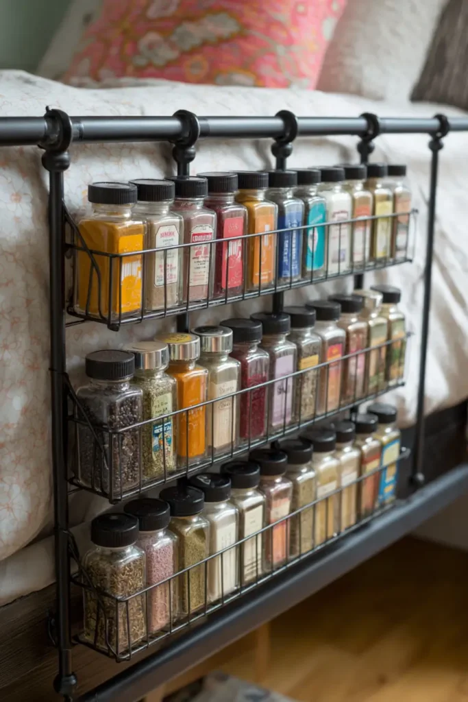 7. Stick Magnetic Spice Racks on Your Metal Bed Frame