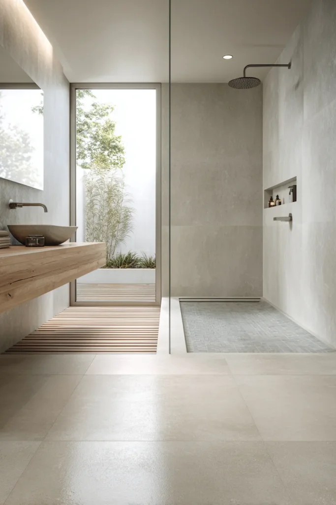 Wet Room Style Shower for an Open Bathroom Layout