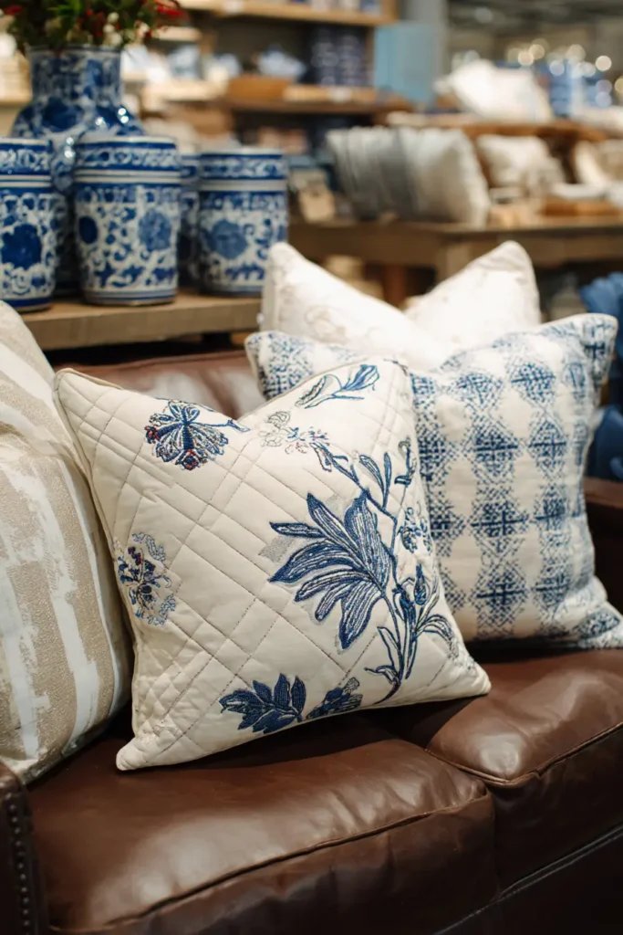 9. The Quilted Throw Pillow With Needlepoint Details