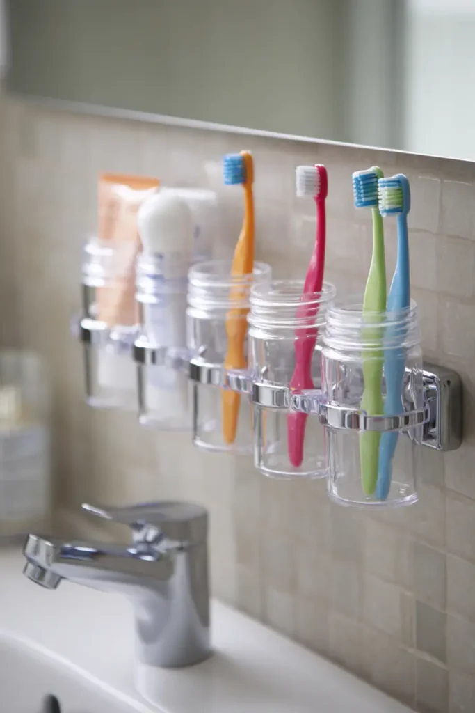 9. Wall mounted toothbrush and cup holders that clear sink space