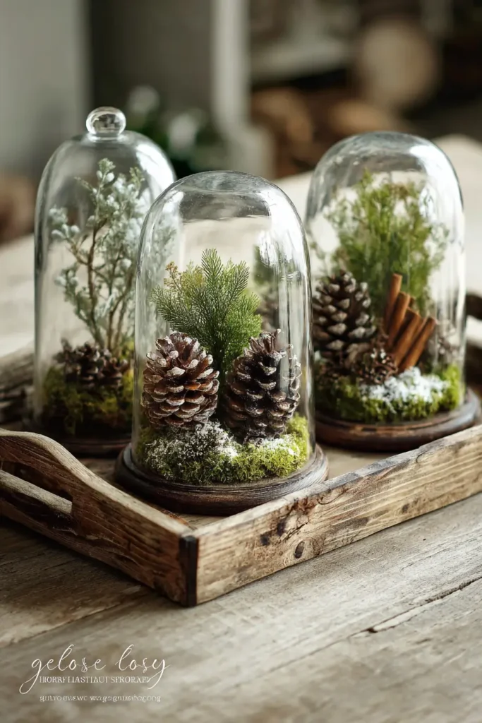 Cloche Displays with Foraged Greenery and Pinecones