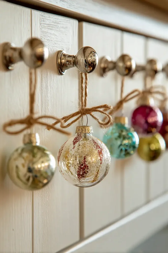 Hang a Single Vintage Ornament from Each Cabinet Knob