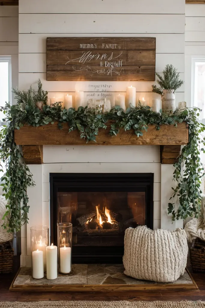 No-Fail Mantel – Greenery, Candles, and a Single Sign