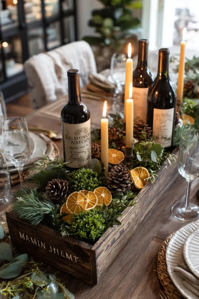 Table Centerpiece – Wooden Trough with Greens and Candles