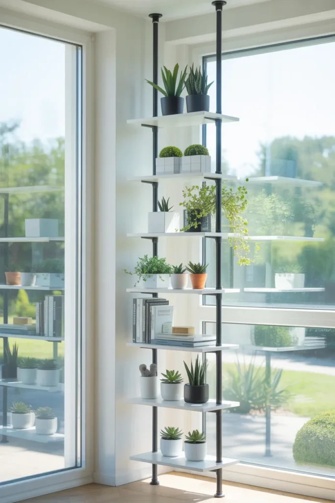 6. Tension-Pole Shelving for Dead Corners