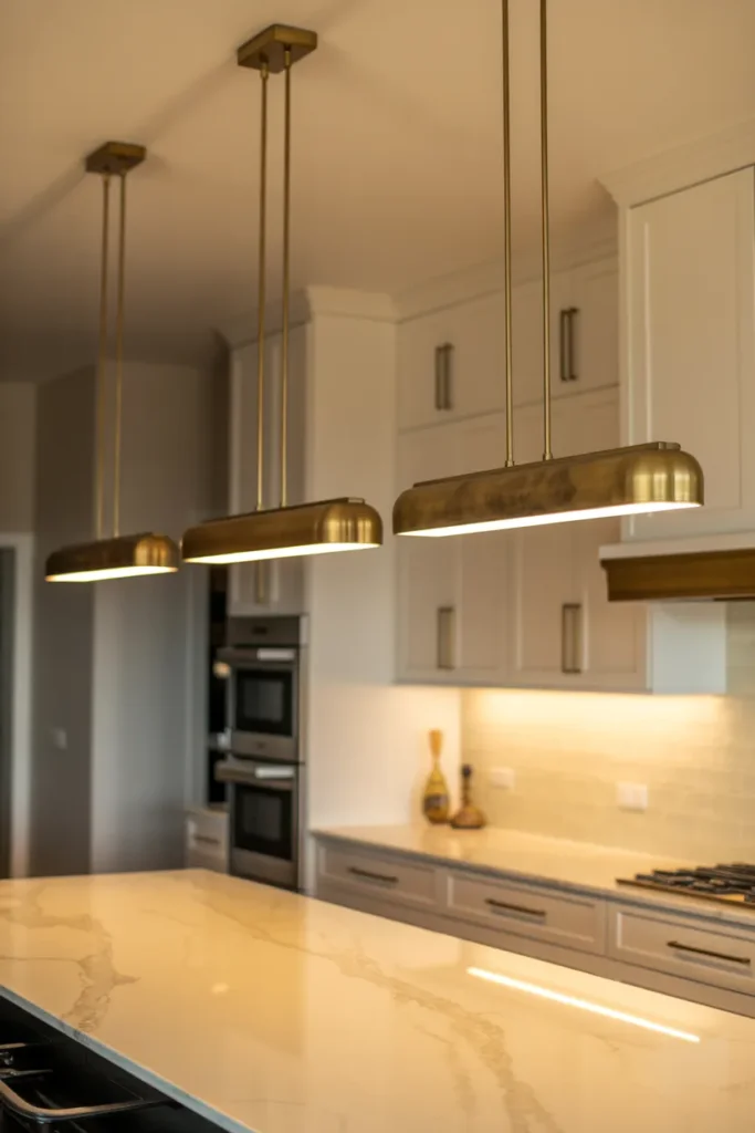 Linear Island Pendants in Aged Brass for Kitchens