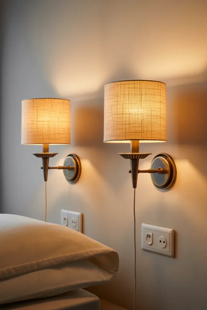 Plug In Wall Sconces with Linen Shades for Bedrooms