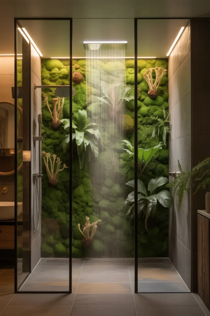 Trend 1. Biophilic 2.0 – Living Walls and Moss Showers