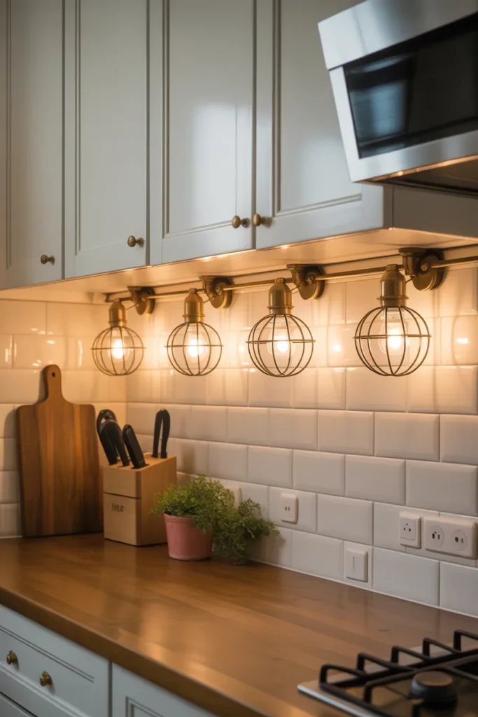 Under Cabinet Lighting with Vintage Style Wire Guards