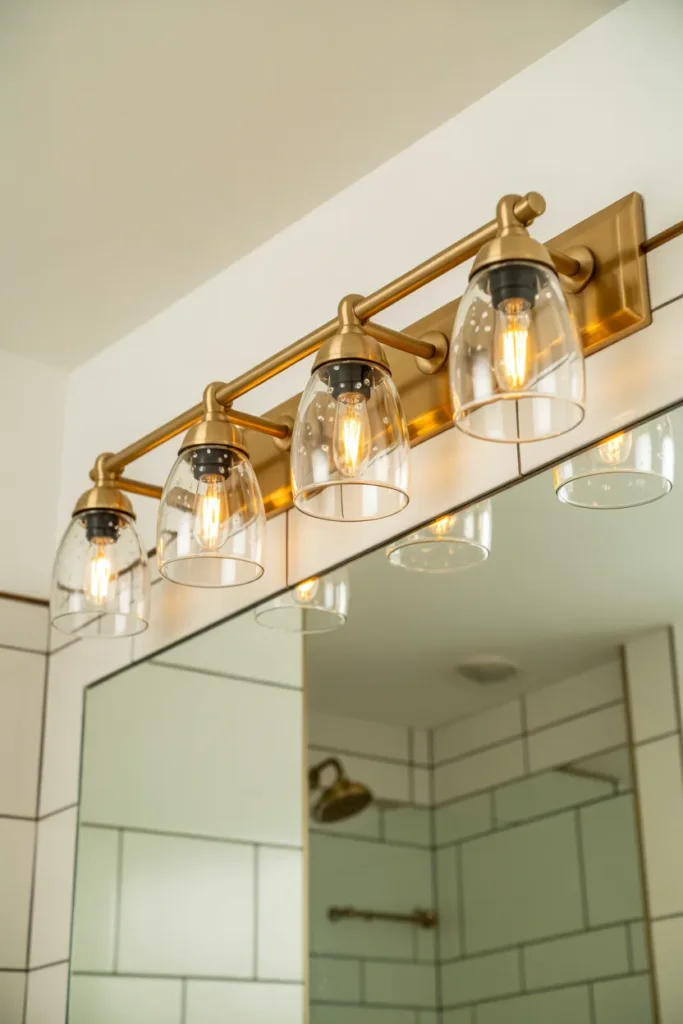 Vanity Light Bar in Aged Brass with Clear Seeded Glass for Bathrooms