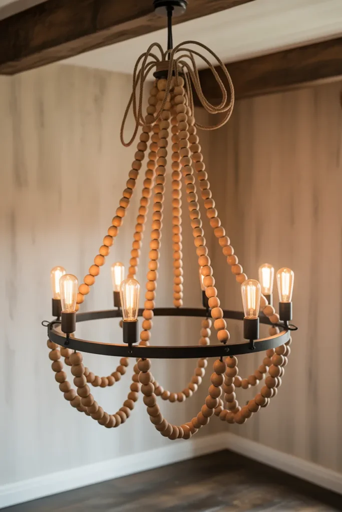 Wood Bead Chandelier with Exposed Cord for Budget Living Rooms